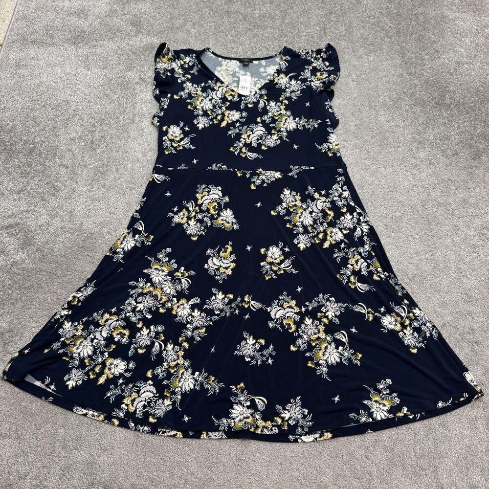 Ann Taylor Factory Floral Flutter Sleeve A-Line Dress Womens XL Navy Blue NWT